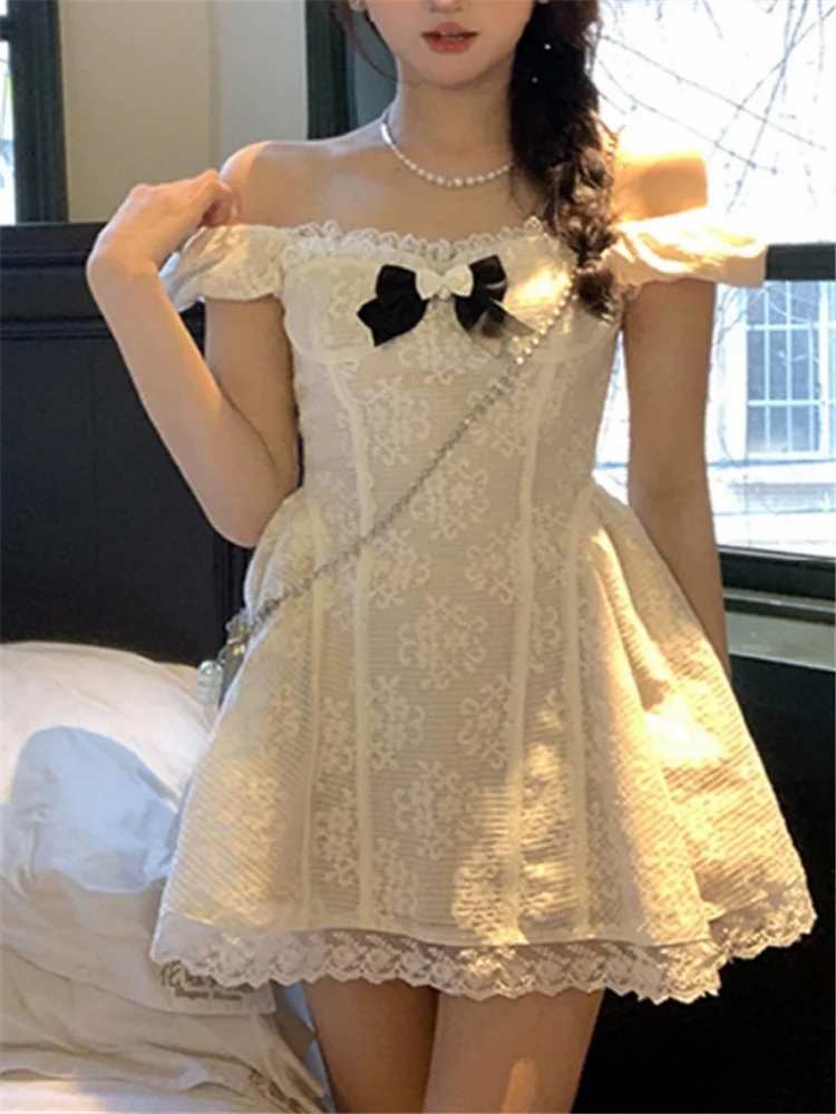 Lolita Girl sweet Apricot Lace Mini birthday Party Dress Summer Holiday Bow A Line Short Dress Big Size Women Off Shoulder Dress