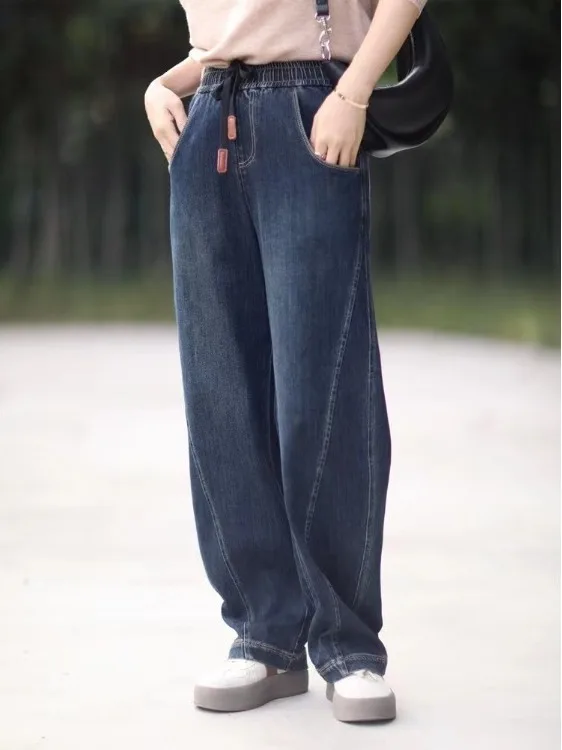 

Новинка 2025, широкие джинсовые брюки с высокой талией, свободные брюки для женщин, сезонные прочные нескользящие джинсы на весну и осень