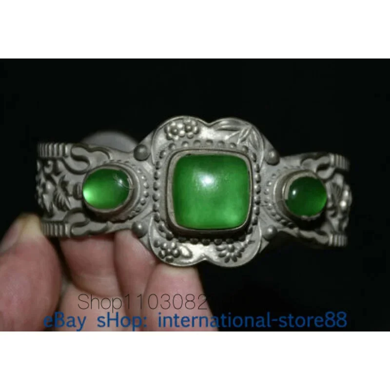 

3.2 Inch Rare Chinese Old Silver Inlaid Emerald Gemstone Dynasty Flower and Leaf Bracelet