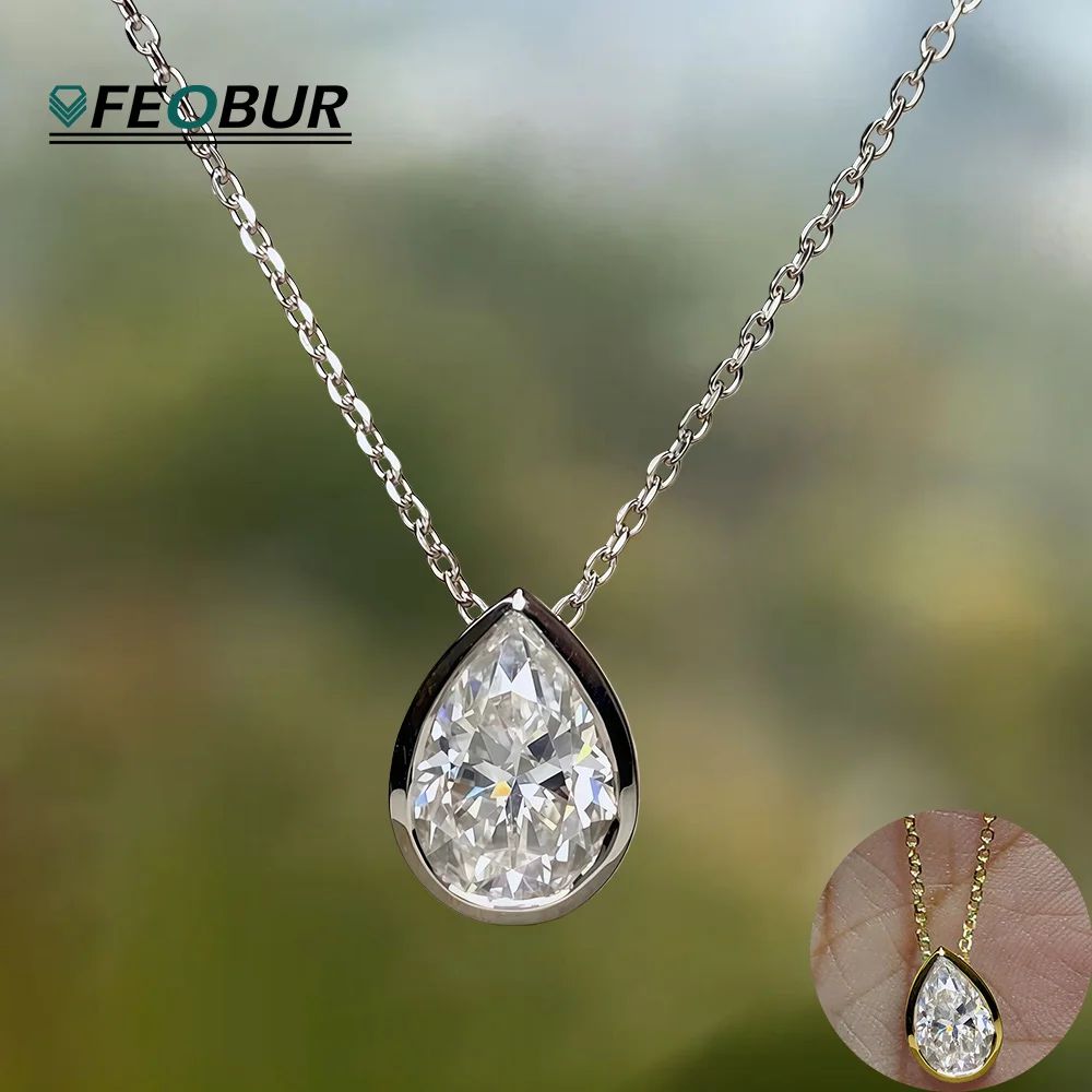 

FEOBUR 1-4CT Bezel Pear Moissanite Pendant Necklace Real S925 Silver WaterDrop Diamond Charm Neckchain for Women Jewelry Gifts