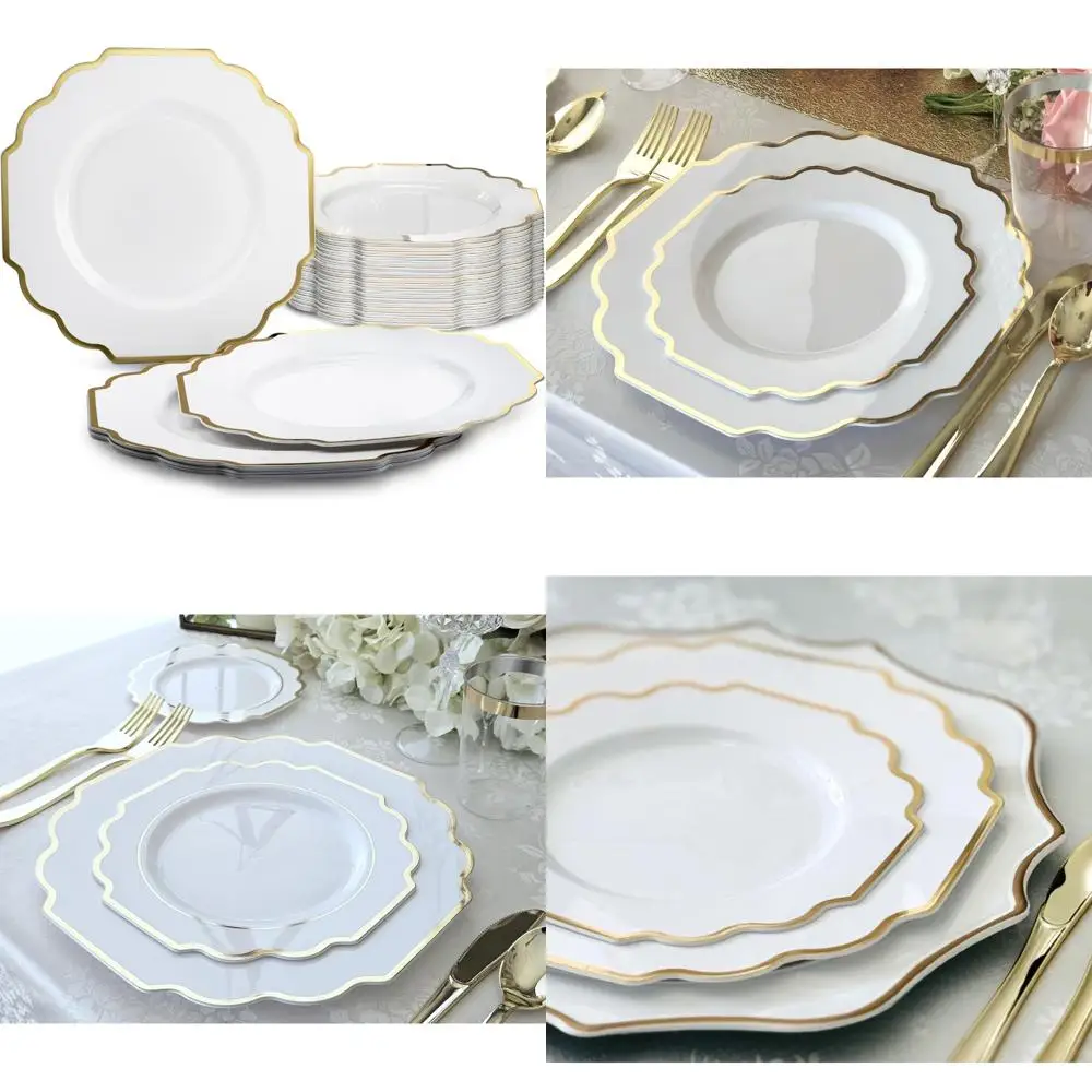 

Тяжелые одноразовые пластиковые тарелки для свадебной вечеринки, 60 предметов, 8-дюймовая закуска/десерт, императорские белые и золотые акценты, элегантные O