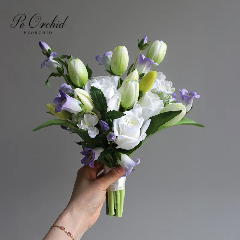 

PEORCHID Purplr&White Silk Flowers Bouquet Ramo De Novia Rustic Greenery Tulip Roses Artificial Faux Boho Wedding Bouquet 2023