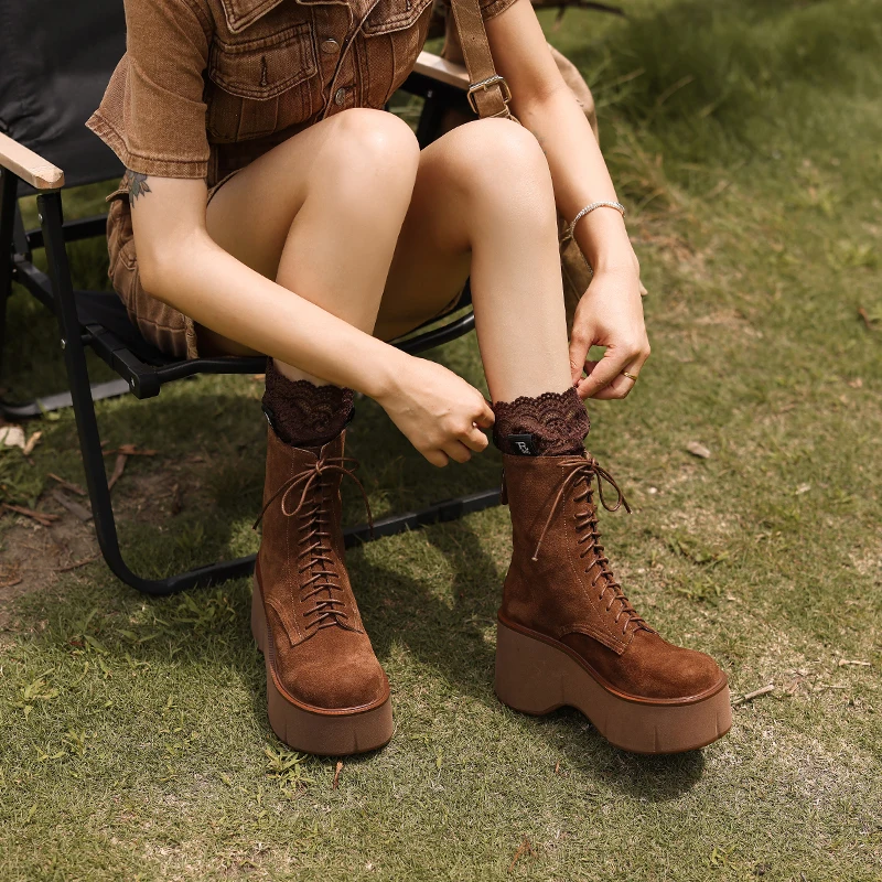 2024 New Autumn Women Boots Cow Suede Shoes for Women Round Toe Lace Up Casual Platform Boots Increase Height Ladies Shoes