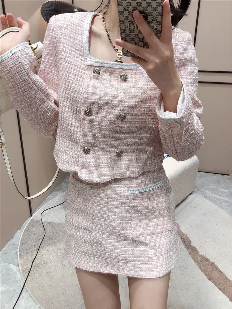 

Autumn Winter Fashion Suits For Women Vintage Long Sleeve Pocket Tweed Jacket High Waist A-Line Skirt Suit Female