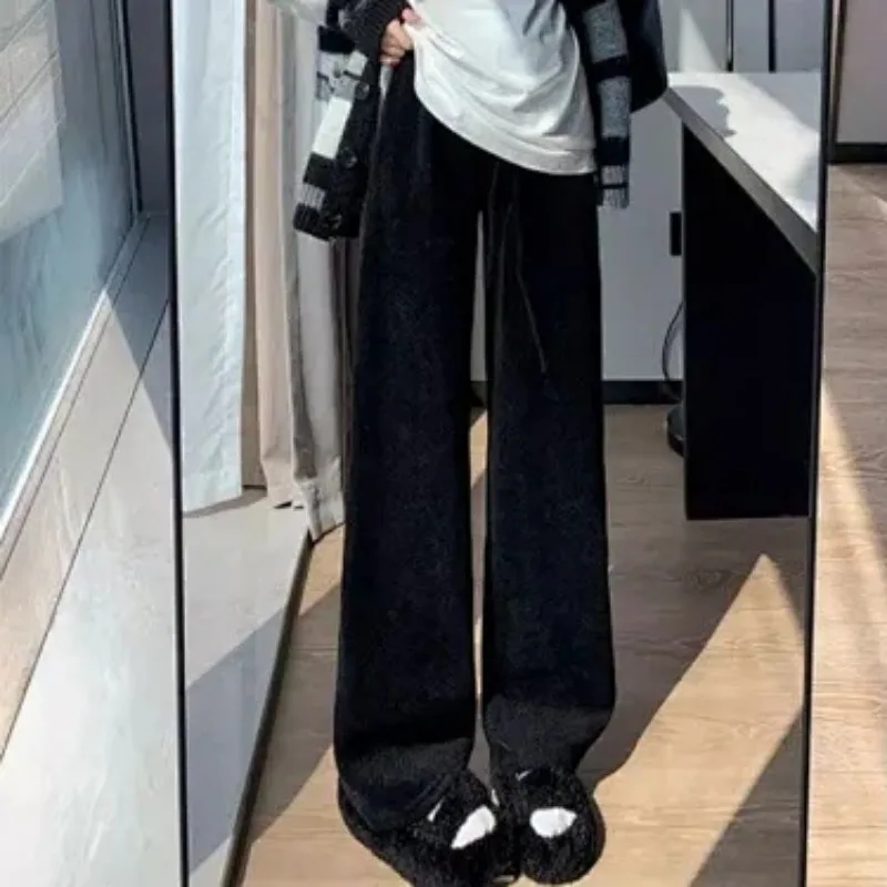 Women Herringbone Fleece Lined Wide Leg Pants High Waist Warm Straight Casual Trousers