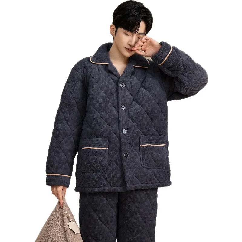 

Winter Men's Pajamas Three-layer Padded Jacket Middle-aged and Elderly Coral Fleece Warm Set Thickened Pajamas Set