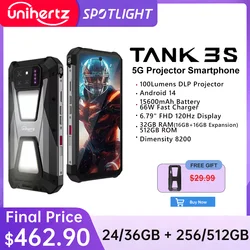 Unihertz tank 3s 8849 powered smartphone with projector 24GB 256GB Dimension 8200 cellphone 15600mAh 66W charger 64MP 5G phone