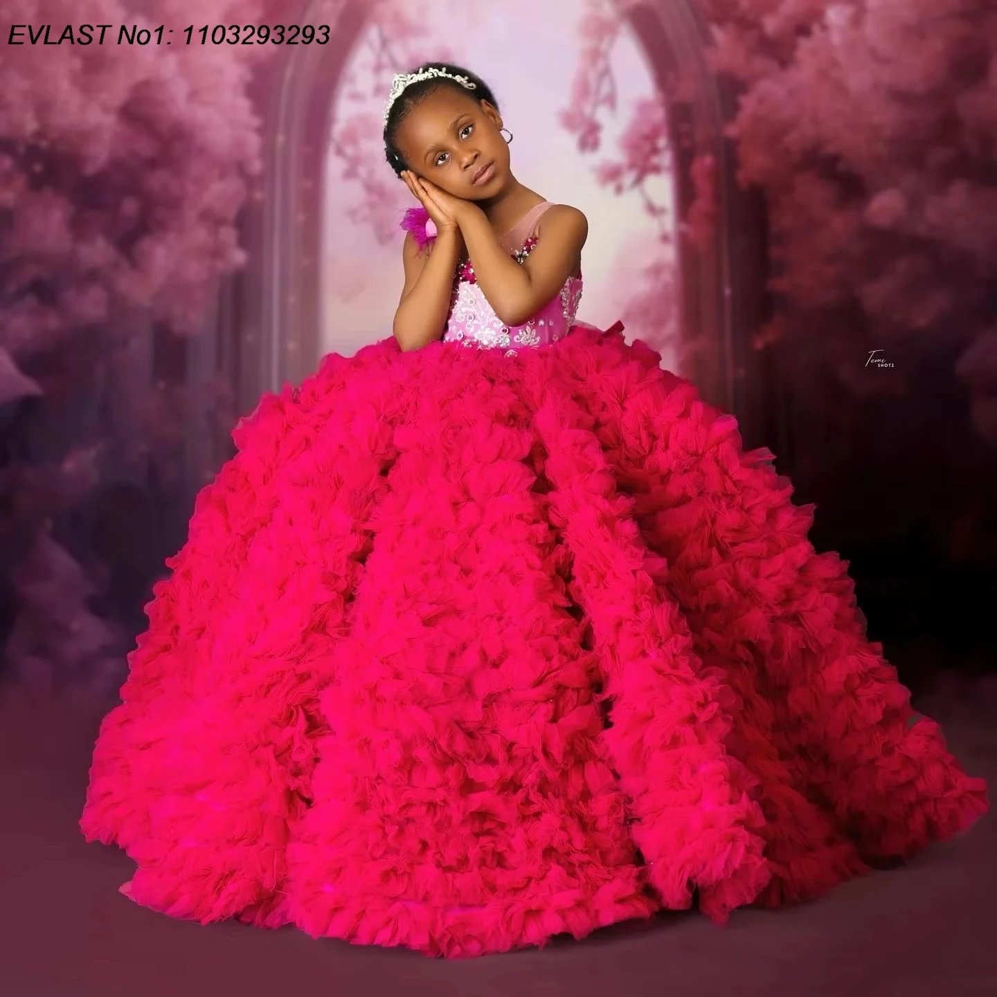 

EVLAS Customized Red Girls Party Dress Princess Beaded Puffy Ruffles Flower Girl Dress Baby Kids Ball Gown for PhotoShoot TFD178