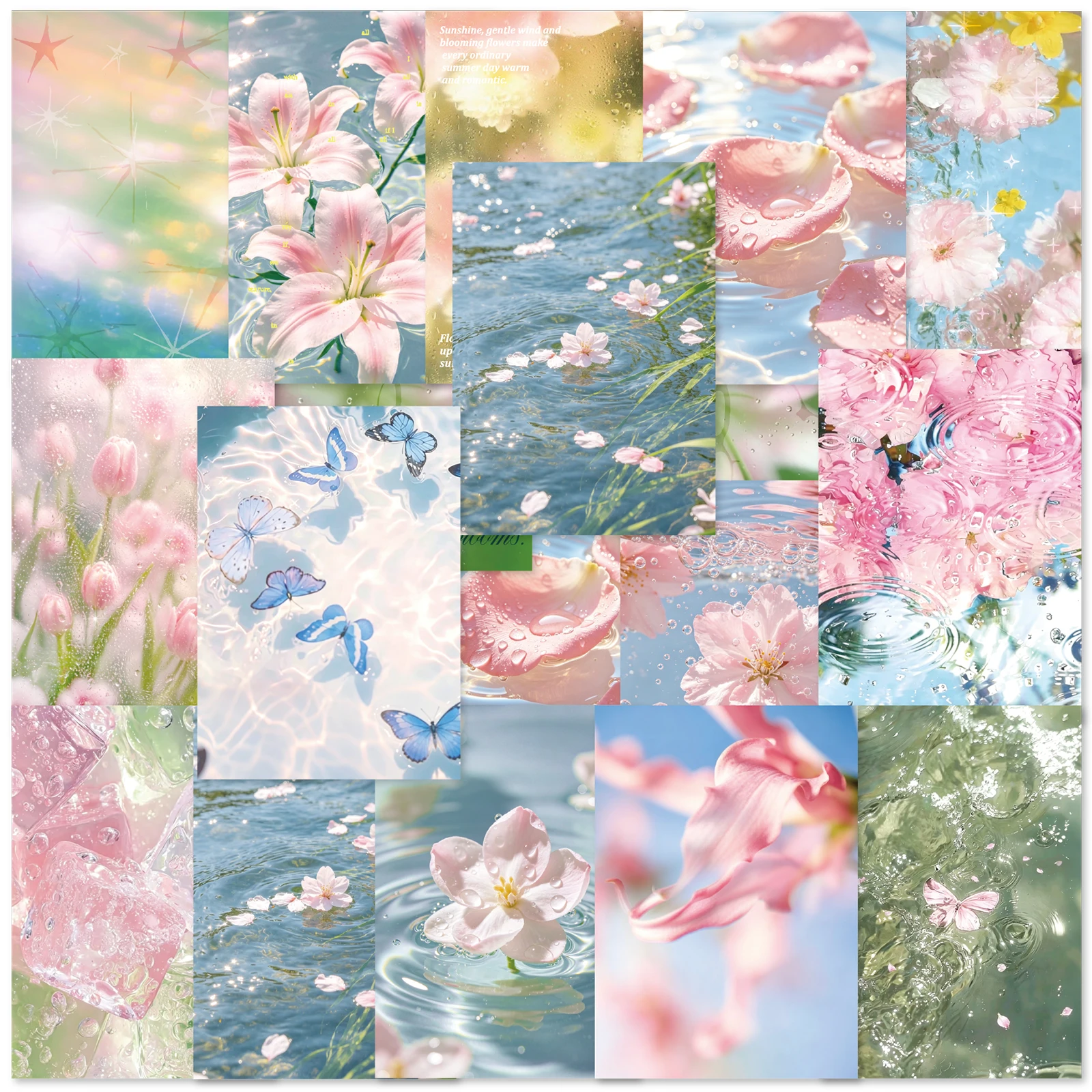Etori Life 15Pcs Dreamy Water-Flower Scenery Material Pack Floating Flowers and Butterflies on Water Multiple Scene Layouts DIY Journal Collage Decoration Materials Suitable for Laptops, Photo Albums, Handbags, Guitars, Bicycles and Helmets, Postcards and Envelopes, Scrapbook Supplies, Office Decoration Supplies, Room Decoration, Gift Paper Bags, Ins Aesthetics, Cycling Decals, School Supplies, Children's Toy Stickers