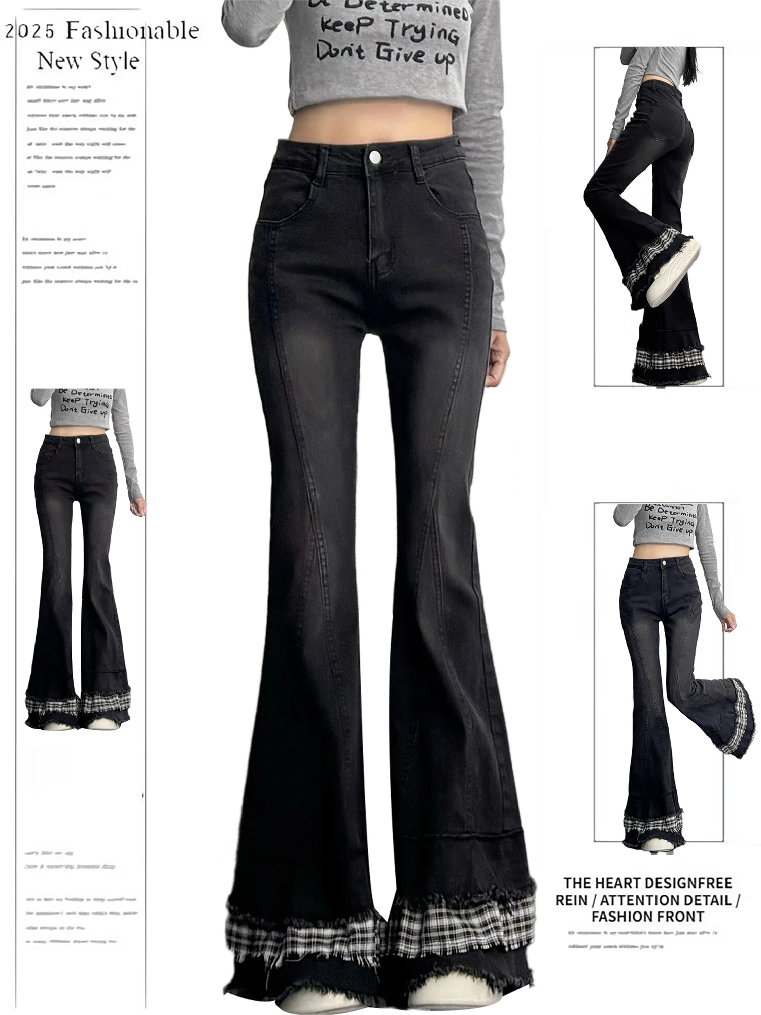 

Женские черные расклешенные джинсы Y2K, новая мода, винтажные повседневные уличные брюки с высокой талией и отделкой в клетку