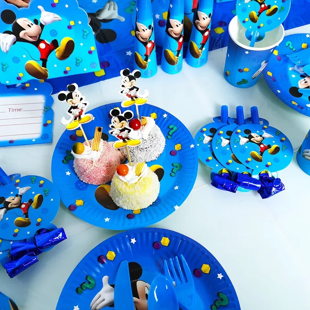 Disney Blue Mickey Mouse Theme Party Supplies Girls Birthday Background Decoration Cup Plate Knife Fork Spoon Disposable Cutlery