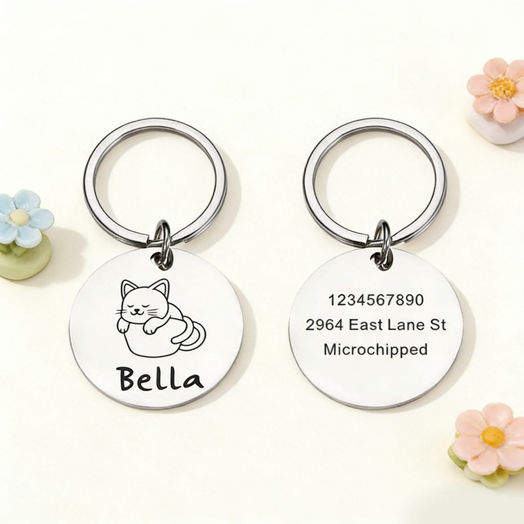 Customized pet nameplate made of circular stainless steel, featuring engraved dog tags, personalized dog tags, and new puppy gif