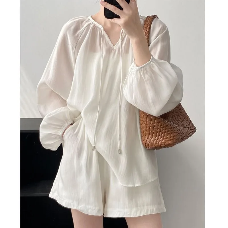 Tencel Set Female Summertime Thin Long Sleeve Sunscreen Shirt High-waisted, Wide-legged Shorts Leisure Sports Two-piece Set