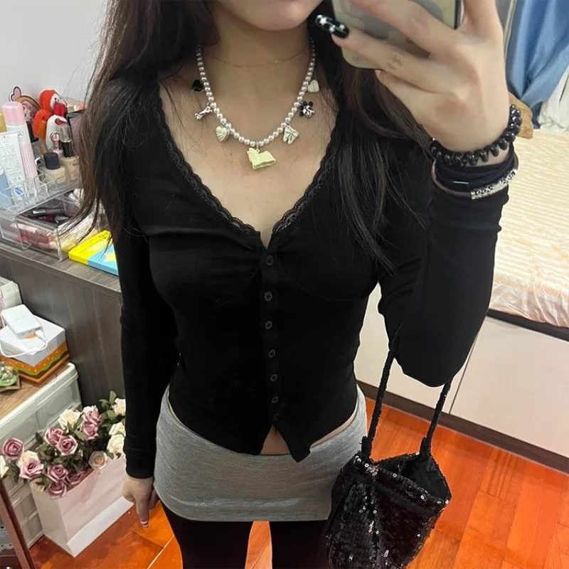 2000er Jahre T-Shirt Vintage Fee Grunge Damen Herbst Spitzenbesatz Langarm Slim Tops y2k Kleidung Basic Harajuku T-Shirt Ästhetik