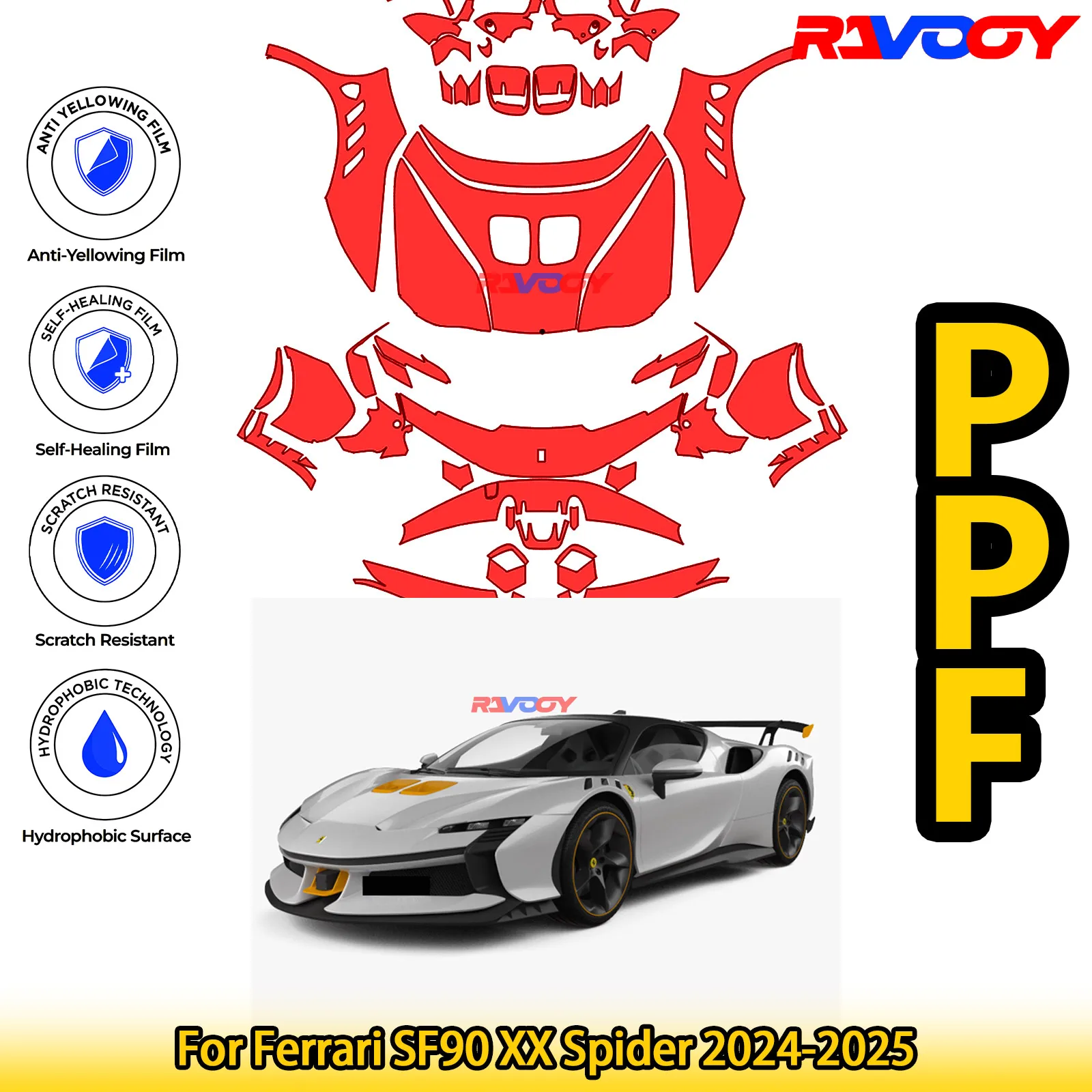 

Для Ferrari SF90 XX Spider 2024-2025 глянцевая матовая черная предварительно вырезанная передняя защитная пленка PPF Kit