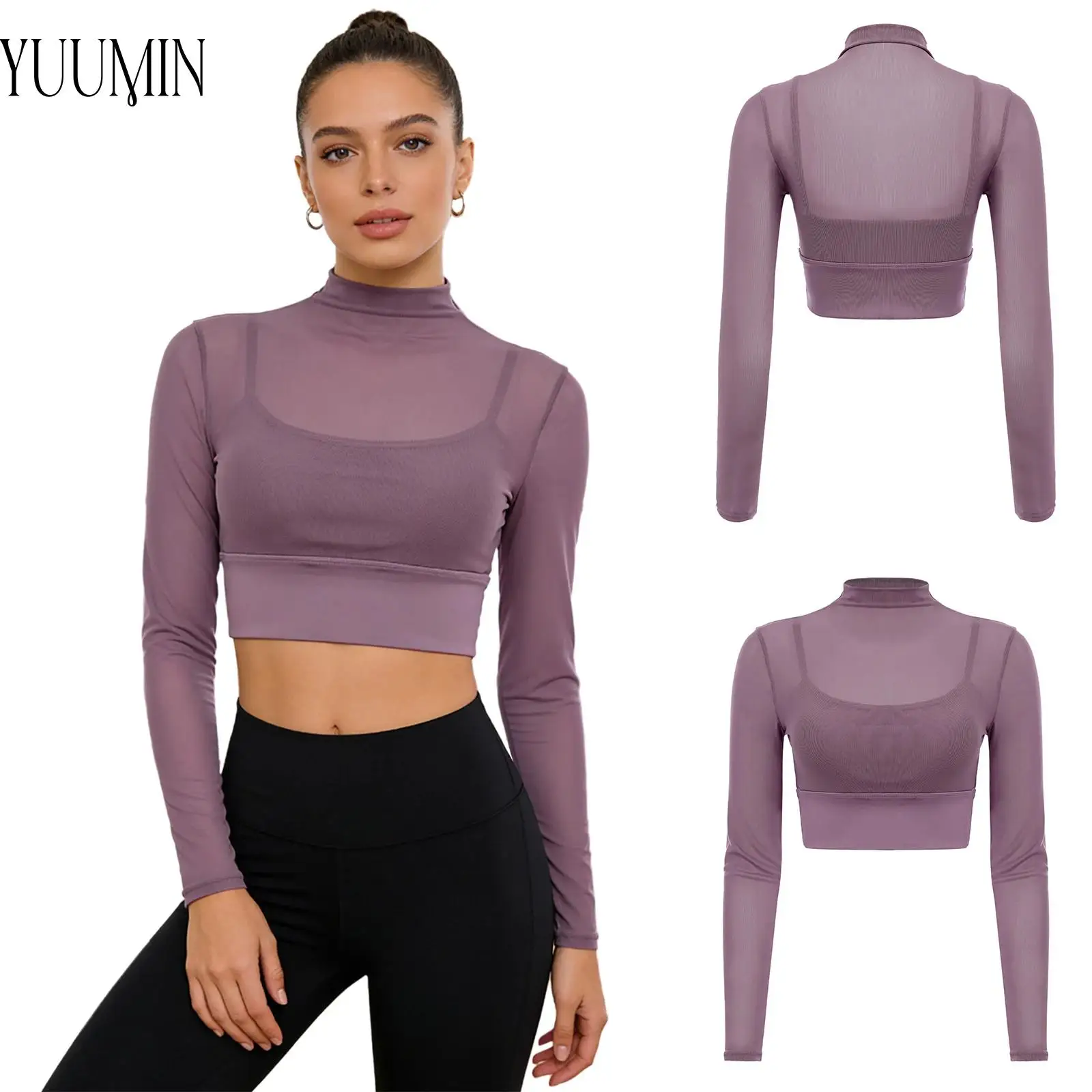 

Women Sheer Mesh Yoga Fitness Tops Long Sleeves Crop Top with Built-in Padded Camisole for Causal Pilates Sports Workout Running