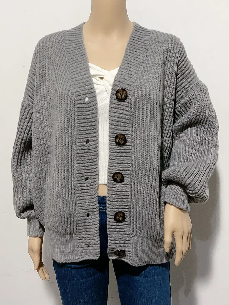 秋冬カジュアルルーズランタンスリーブニットカーディガンセーター女性用新作ファッション長袖ボタン付きロングセーターコート