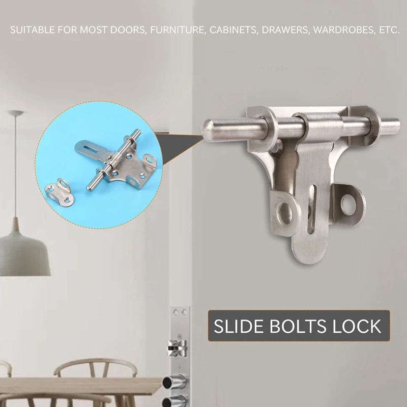 2Pcs Slide Bolts Lock Stainless Steel Latch Heavy Duty Door Bolt Sliding Door Latch For Doors Gates Bathroom Pet Doors