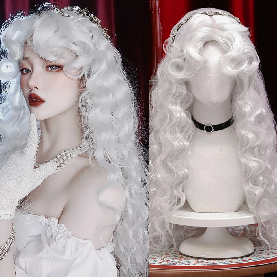 

Длинный волнистый вьющийся синтетический белый парик с челкой для женщин, парики для вечеринки, косплей, термостойкие парики 32 дюйма