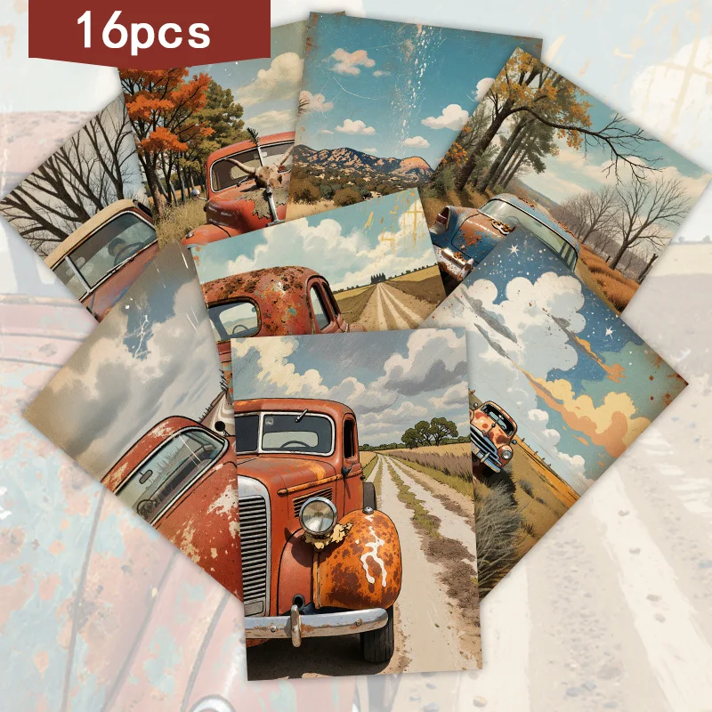 16PCS Retro Red Car Design Art Postcard Set, Collectible Decorative Cards, Perfect for Scrapbooks and Handmade Crafts