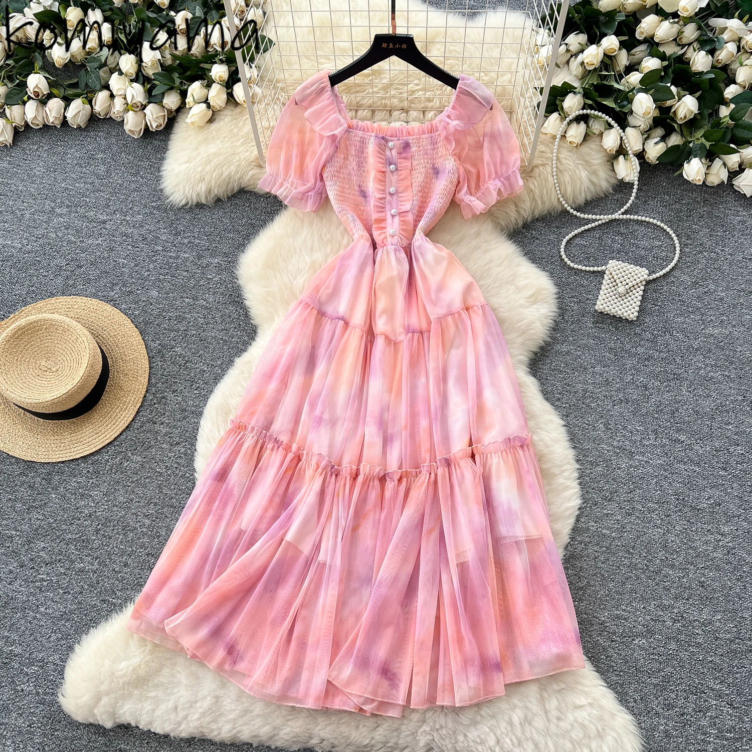 

Square Collar Beads Puff Sleeve 2025 Vestidos Gentle Temprament Woman Dress Mesh Print Dresses Fairy Robe Summer Ropa De Mujer