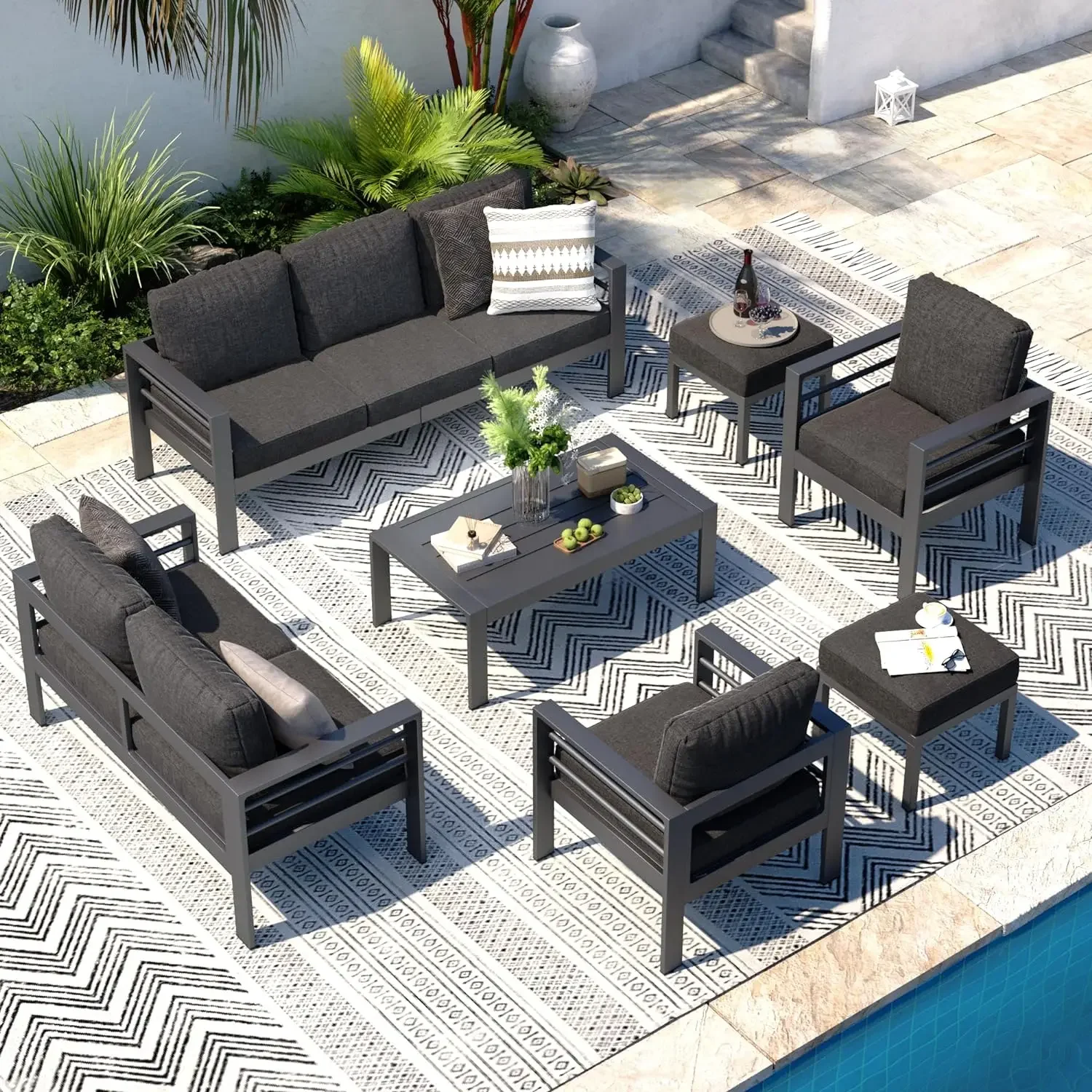 Aluminum Modern Patio Furniture with Coffee Table, 7 Pieces Outdoor Conversation Set with Dark Grey Cushions for Balcony, Porch