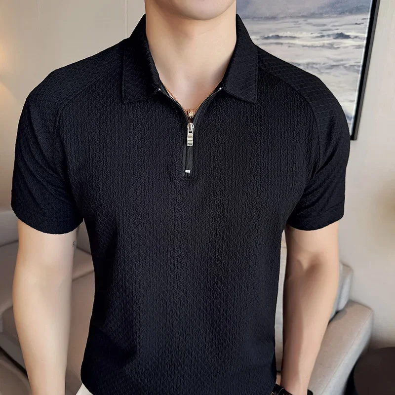 Men POLO Shirt 2024 British Style Summer Ice Silk Thin Solid Color Casual Elastic Slim Fit Short Sleeved T-shirt Mens Clothing