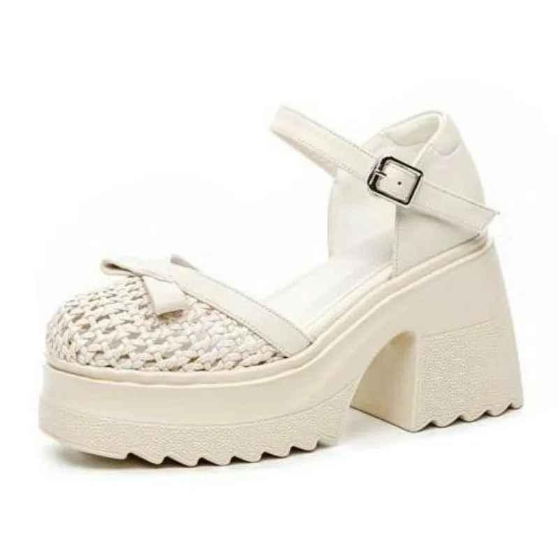 

10CM Split Leather Peep Toe Shoes Buckle Mary Jane Platform Wedge New Summer Fashion Slippers Women Sandals Pumps Modern Sandals