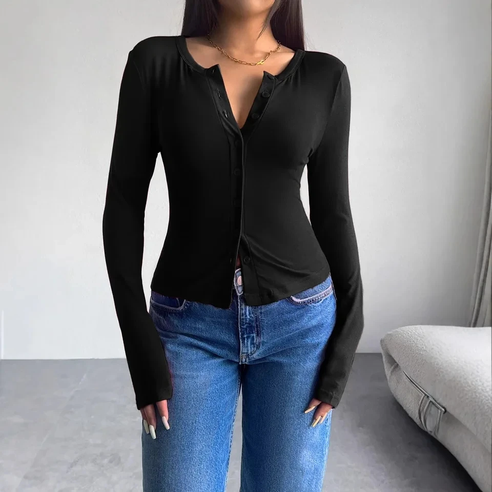 Women's Solid Color Casual Trendy Skinny Single-breasted Long Sleeve T-shirts Female 2025 American Autumn Winter New Fashion