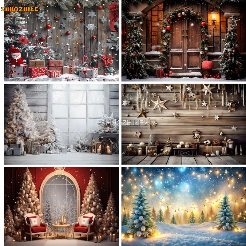 

Christmas Day Photography Backdrops Prop Fireplace Window Winter Xmas Tree Decoration Flower Garland Wood Door Background JU-04