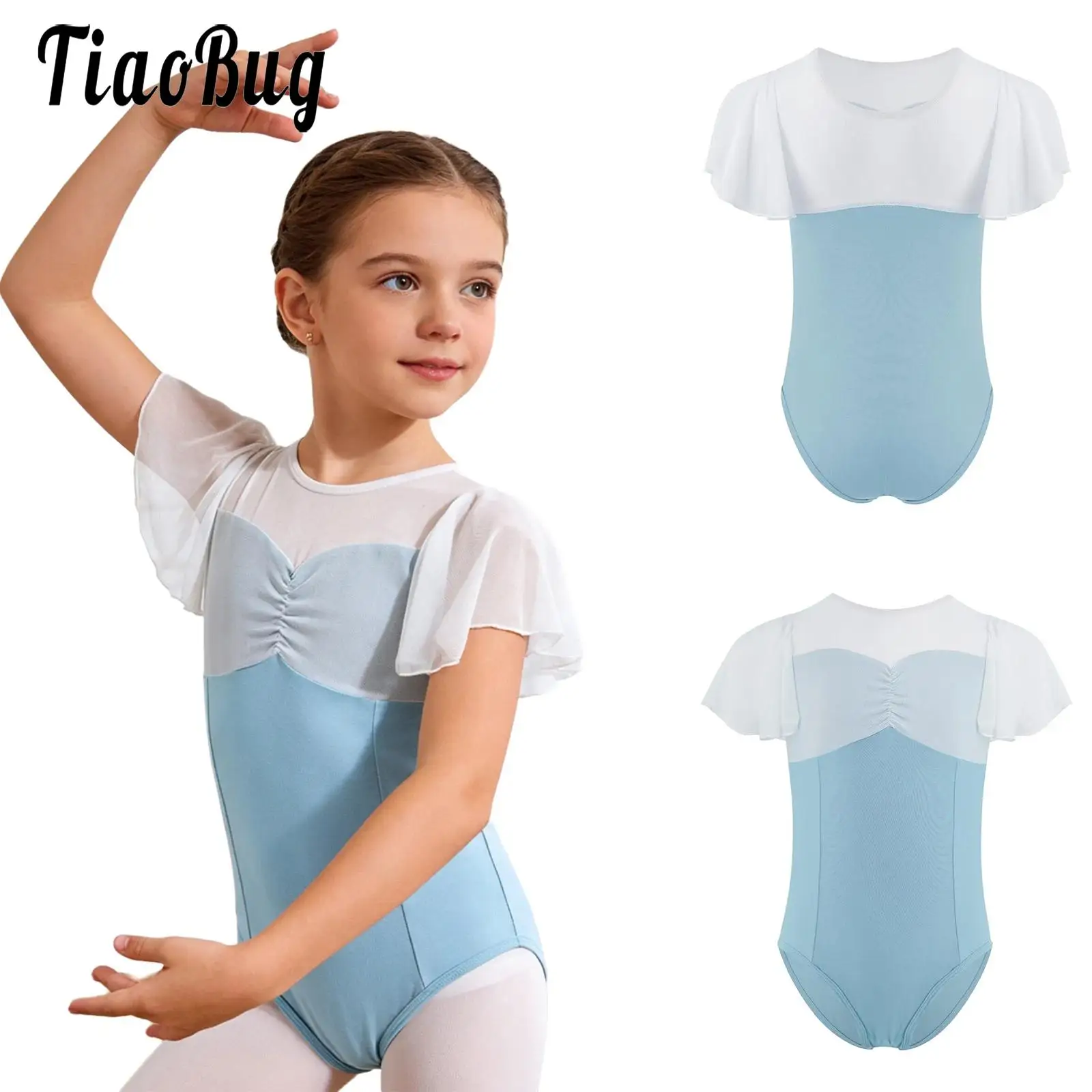 Kid Girls Sheer Mesh Patchwork Leotards Ballet Gymnastic Dresses Sleeveless Press Button Crotch Bodysuit for Dance Practice Exam