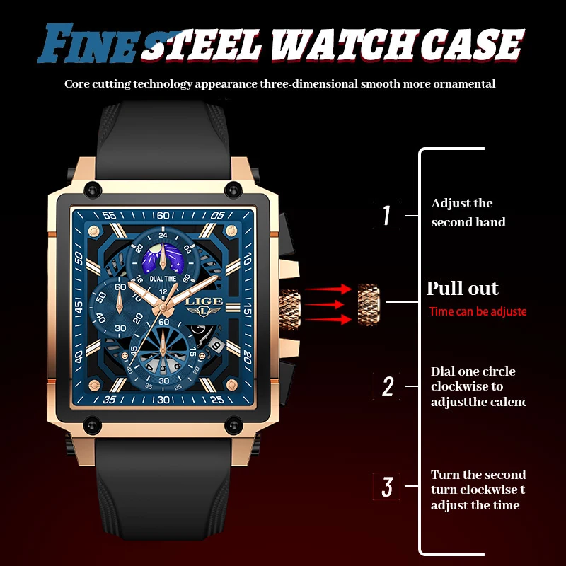 LIGE Military Mens Watch Fashion Sport Calendar Quartz Watches Men Waterproof Moon Phase Chronograph Silicone Strap Man Watch