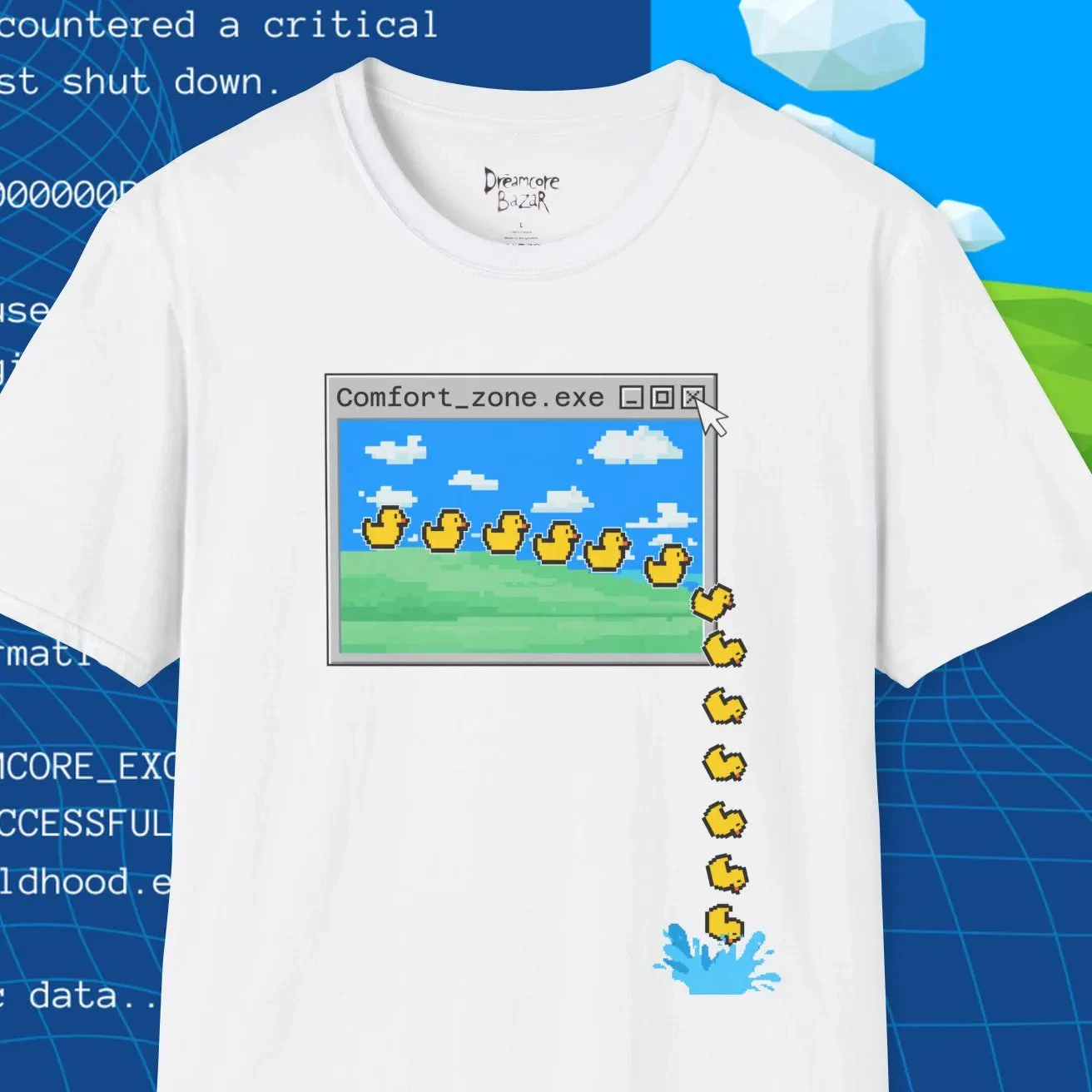 Comfort_zone.exe Ducks Pixel Art T-Shirt | Retro Computer Window, Digital Duck Trail!