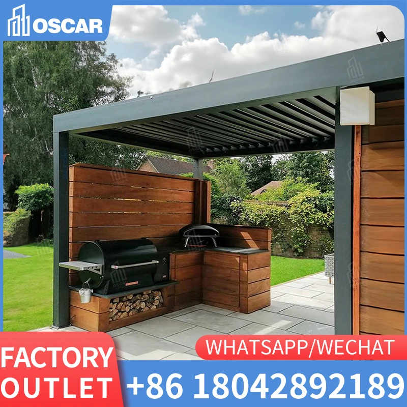 Rogenilan Villa Garden Louver Windproof Waterproof Aluminium Alloy Pavilion With Rain Sensor Intelligent Control