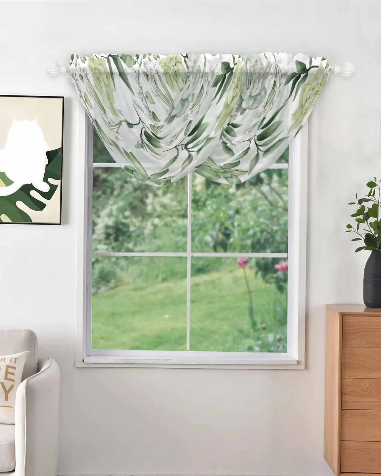 Plant Leaves Succulents Sheer Tulle Curtains for Kitchen Bathroom Balcony Window Transparent Voile Drapery