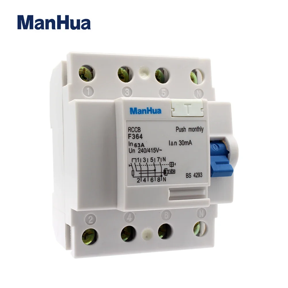 ManHua F364 25A 40A 63A Electronic RCCB 240VAC 30mA 4P 6KA Residual Current Circuit Breaker Electric Leakage Protection MCB