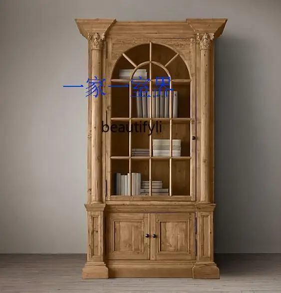 American splicing log oak retro bookcase French old carving display collection cabinet