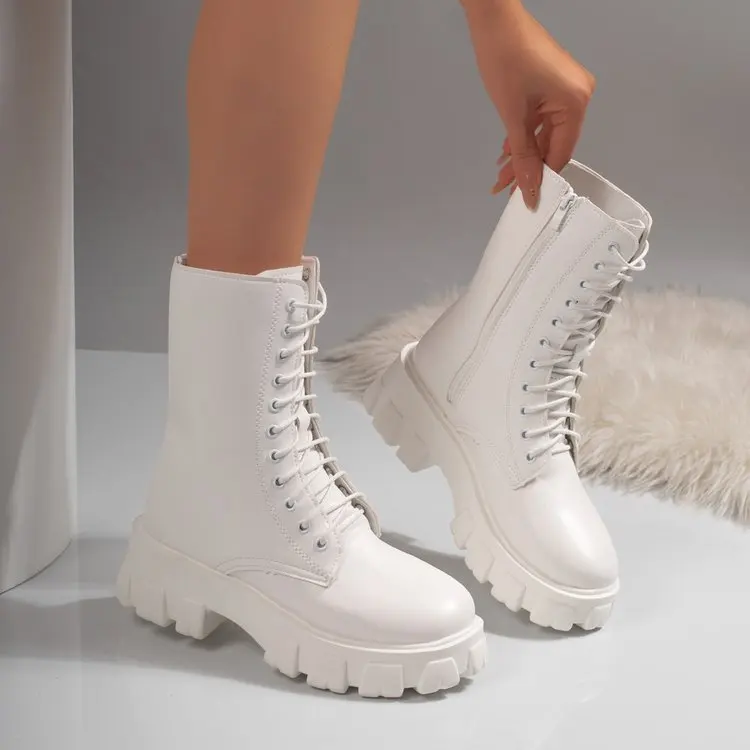 Weiße Plateau-Kampfstiefel für Damen mit Schnürung und seitlichem Reißverschluss, modische Stiefel in mittlerer Wadenhöhe – Detail 8