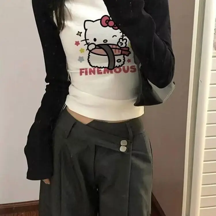New Sanrio Hello Kittys Long Sleeve T-Shirt for Women Cute Printed Tops Spring Autumn Korean Hot Girls Sexy Slim Tops Trend Tees view 3