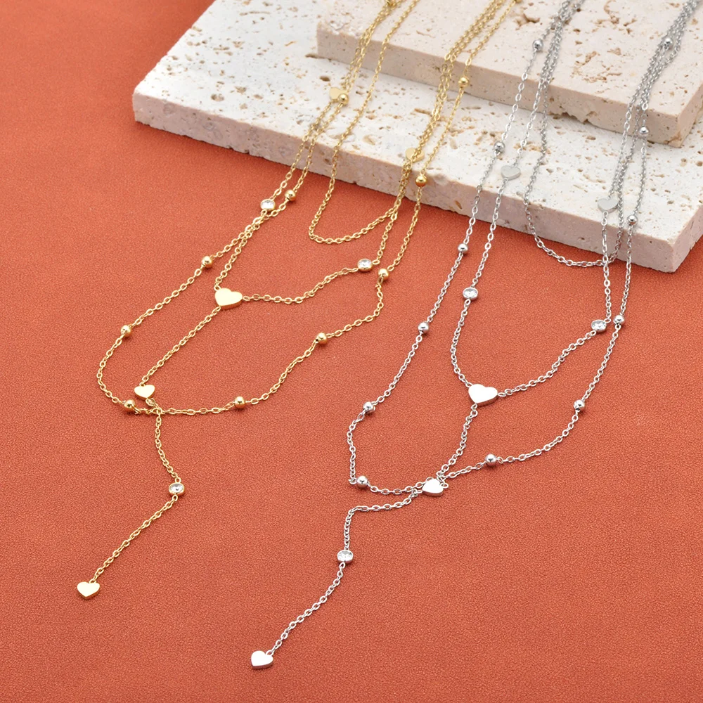 JeeMango Zirkon-Herz-Halskette aus Edelstahl für Damen, dreilagige lange Kette mit Anhänger, Choker-Halsketten, modische Geschenke, N26003