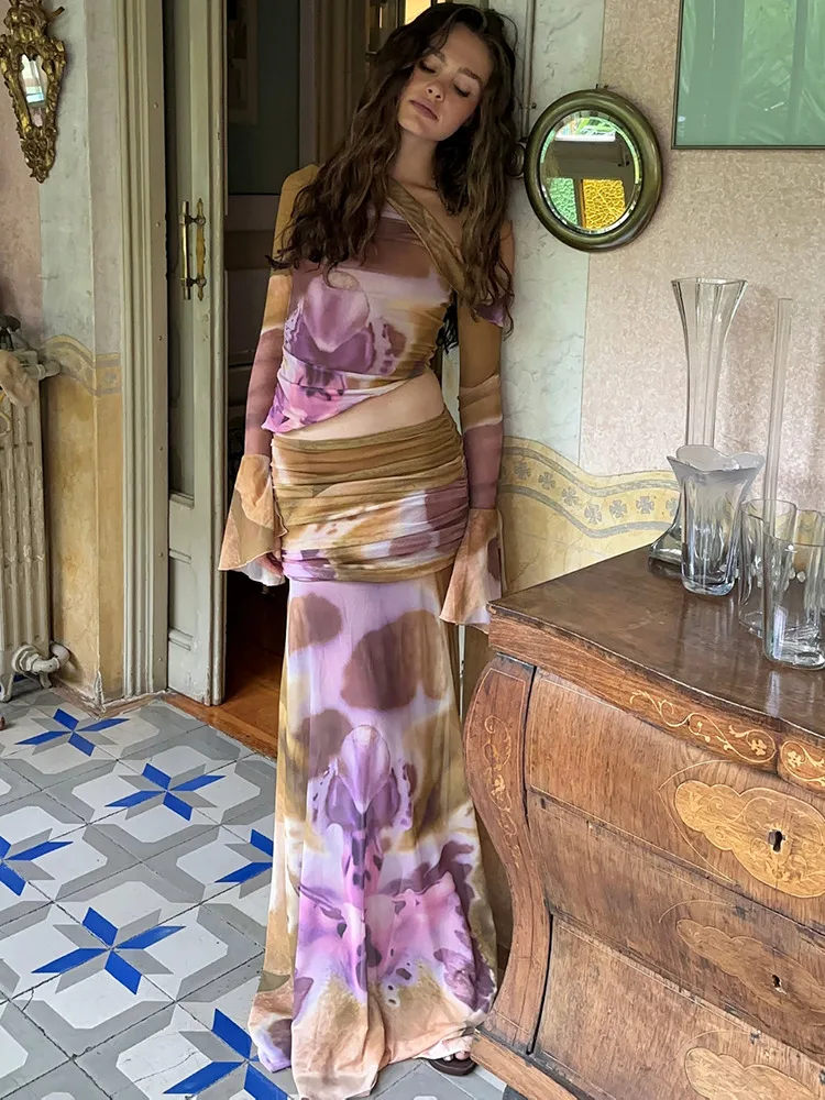 

Платье макси с контрастным принтом и принтом, комплект из 2 предметов, женский сексуальный топ с открытыми плечами и длинными рукавами, собранный облегающий повседневный наряд