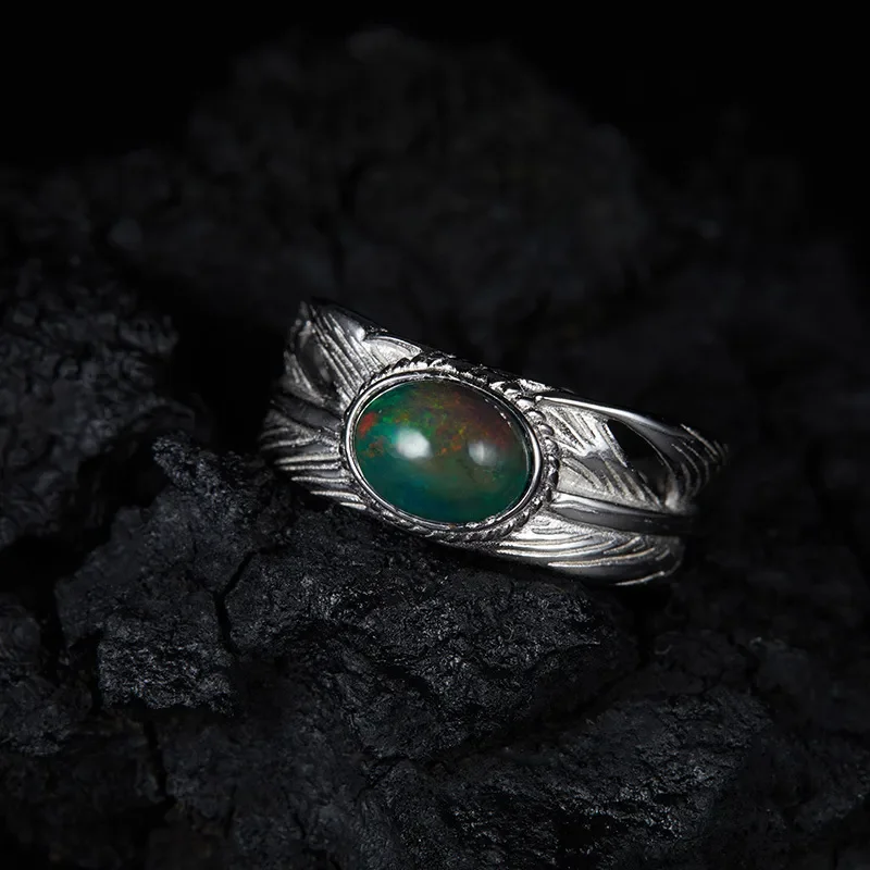 Cross-border multi-color natural colored treasure ring s925 sterling silver inlaid turquoise opal ring women's retro premium