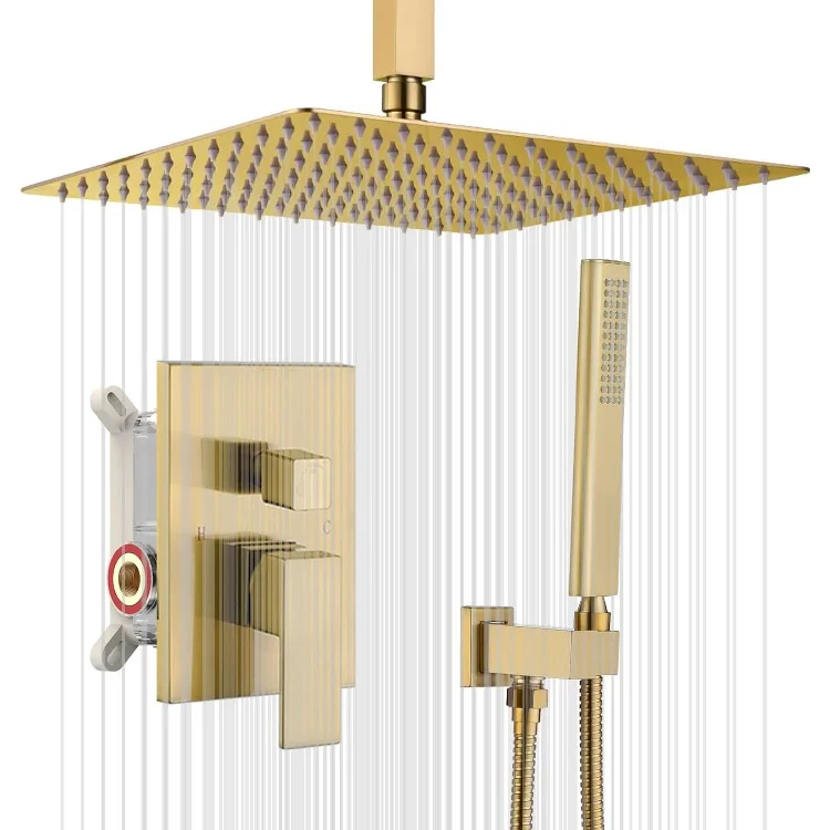 Champagne Bronze Ceiling Mount Rain Shower System with 12 Inch Shower Head and Handheld Bathroom Brushed Golden