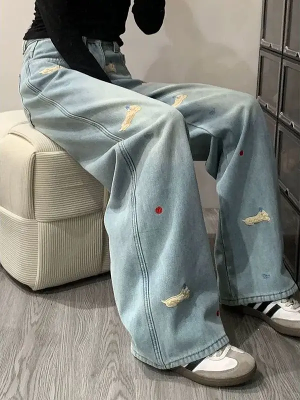 

Cute Cartoon Embroidered Doggie Fce Lined Wide Leg Jeans Women's High Waist Loose Fit Spring New Sle Korean Version