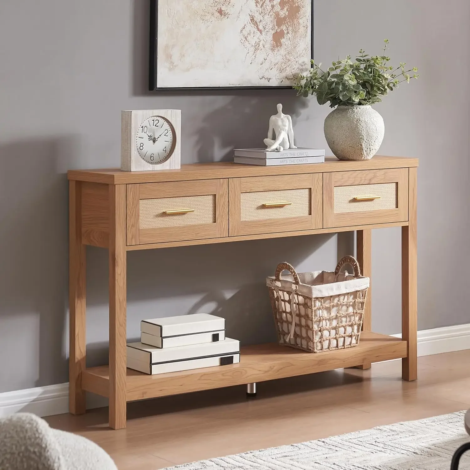 Table with Rattan 3 Drawers, Entryway Table with Storage Shelf, Narrow Wood Sofa Table, 2 Tier Long Behind Couch