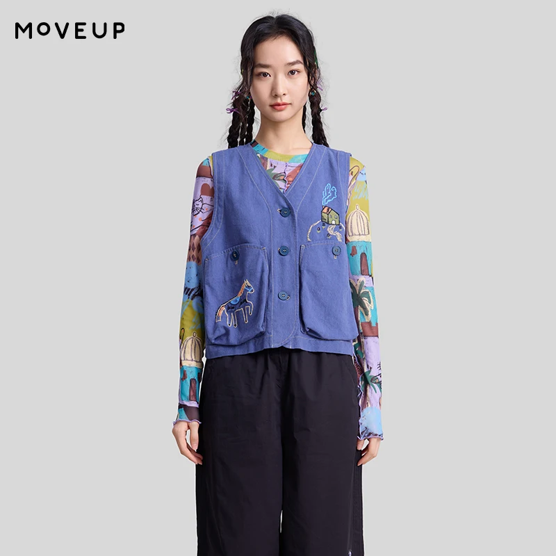 

Женский укороченный жилет MOVEUP, весна 2026, новинка, с V-образным вырезом, вышивкой в виде домика на кармане, в рабочем стиле, свободный повседневный топ 3ELC21002