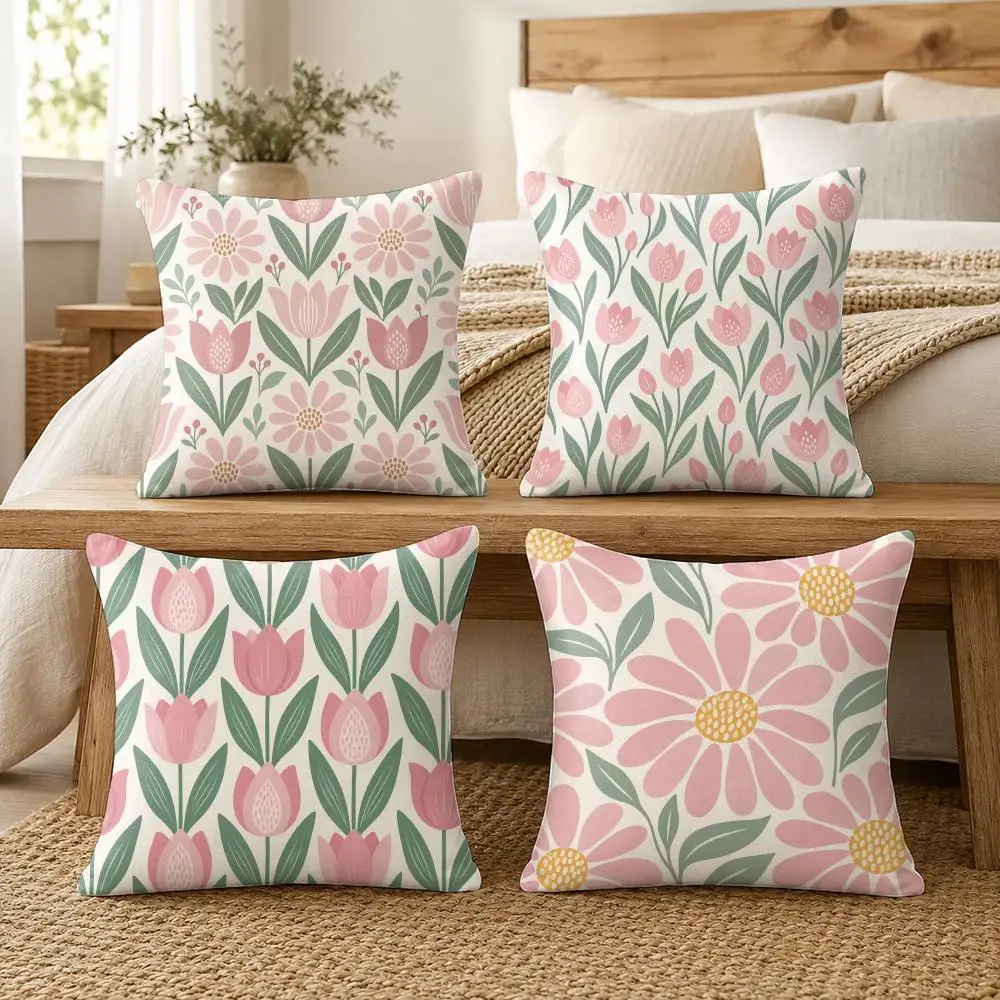 Pink Tulip And Daisy Pattern Cushion Cover Soft Short Plush Pillow Cases Hidden Zipper Cutecore Sofa Bedroom Home Decor Gift