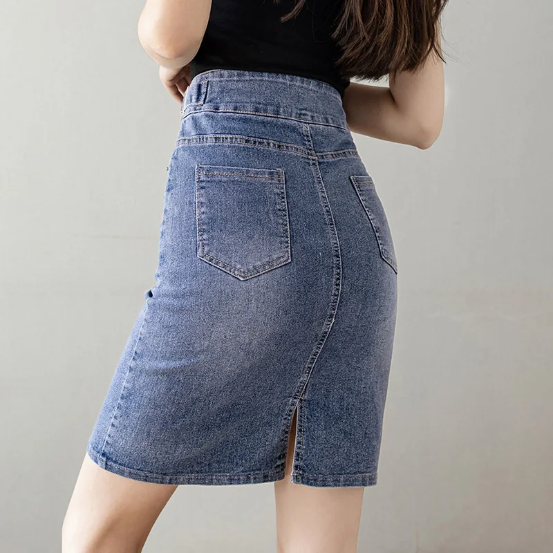 Biyaby Split Jean A-Line Skirt Woman 2023 Summer High Waist Double Buttons Blue Midi Skirts for Women Korean Office Denim Skirt