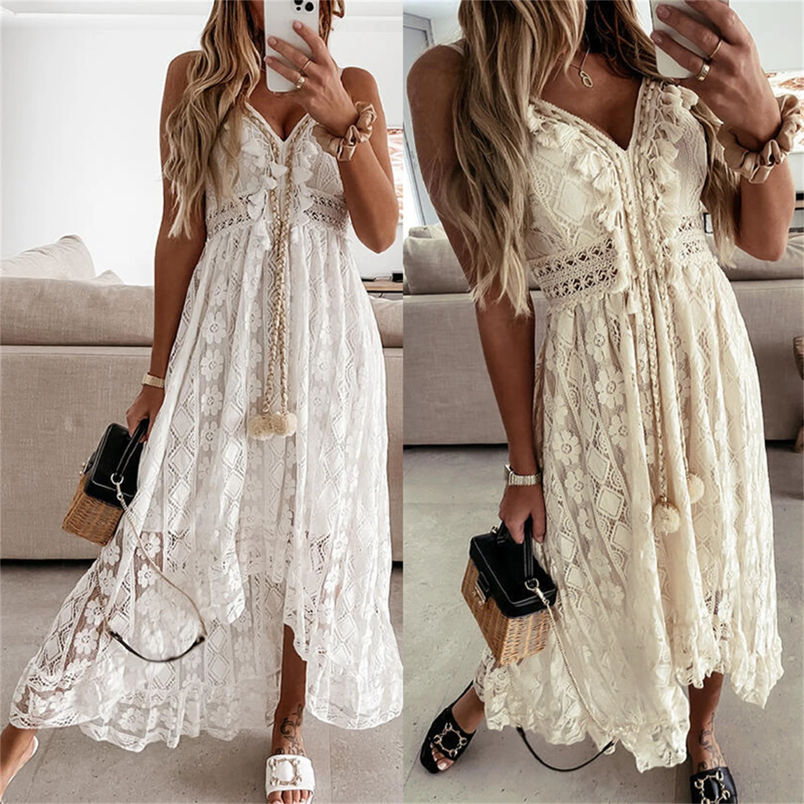 Women's Y2K Aesthetic Lace Hem Dress Deep V Neck Sleeveless Casual Versatile Beach Wear Summer Skirt Beige White