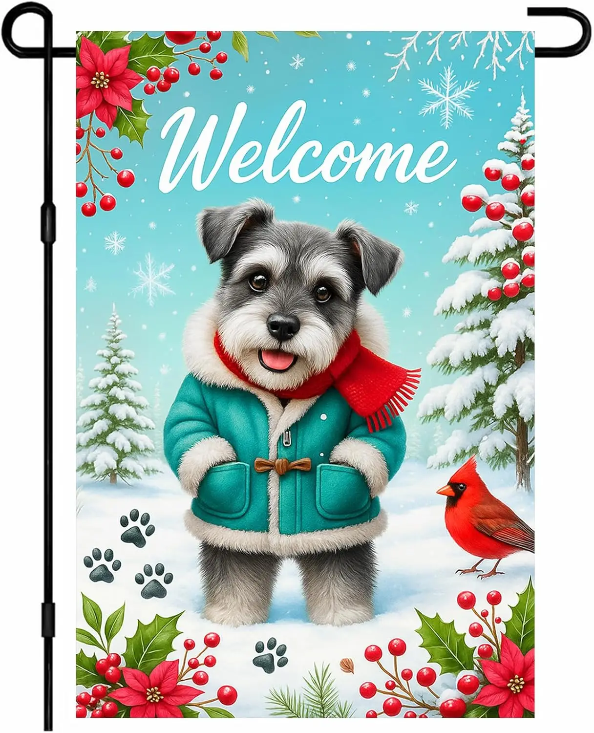 IVN Winter Welcome Garden Flag 12x18 Inch Schnauzer in Blue Coat and Red Scarf with Snowflakes Pine Trees Red Berries Poinse jjp